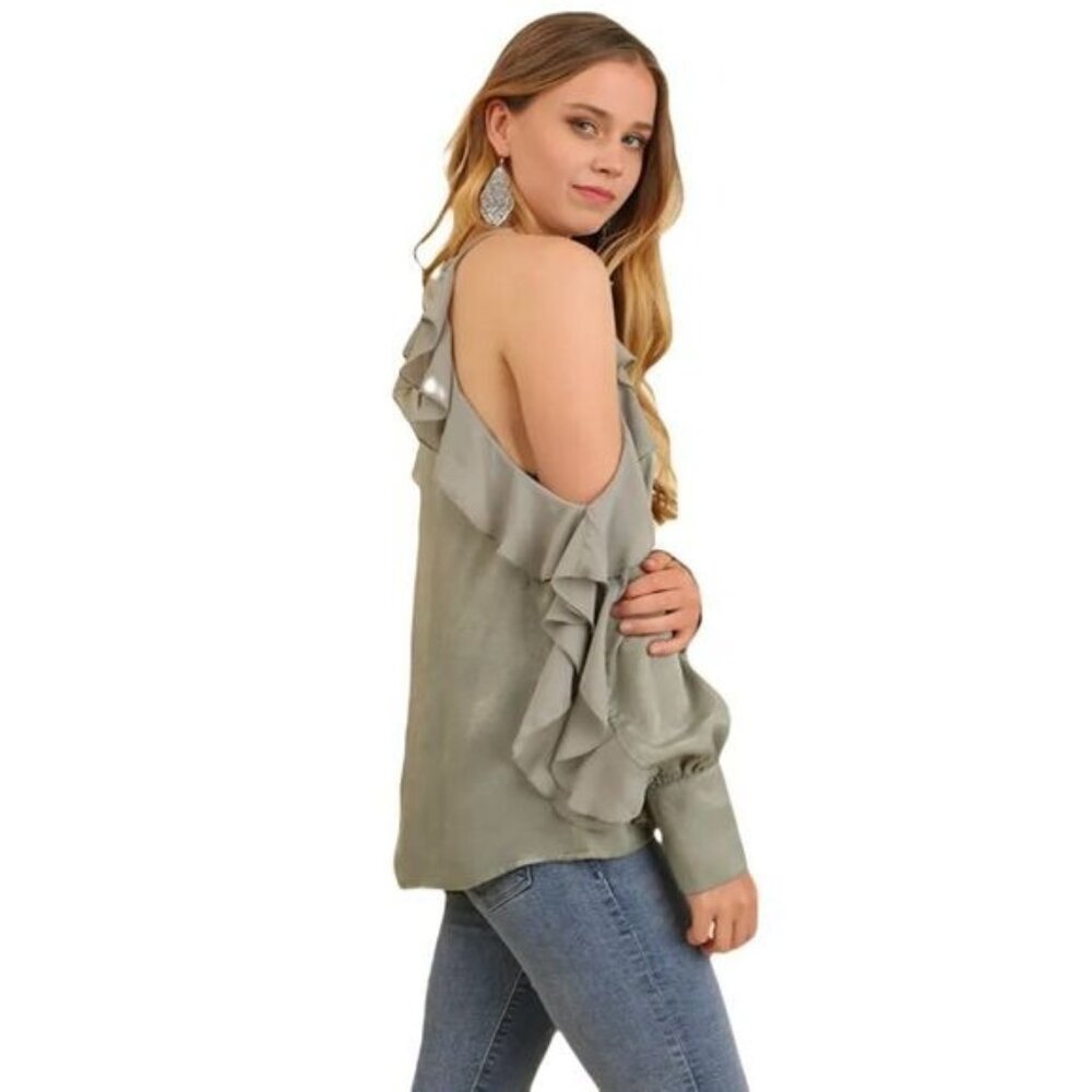 Umgee Cold Shoulder Top Ruffle Gray‎ Small NWOT